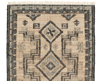 Handwoven Jute Rug Blue Diamond Flatweave Area Rug Natural Fiber Carpet Tribal Boho Floor Rug Farmhouse Decor Rug Custom Eco Friendly Rug
