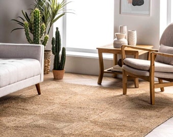 Indiaas handgemaakt natuurlijk beige Scandinavisch tapijt. Patroondoos Jute Vloerkleed. Ivoor en beige vloerkleed. Handgeweven vloerkleed. 100% natuurlijk vloerkleed.