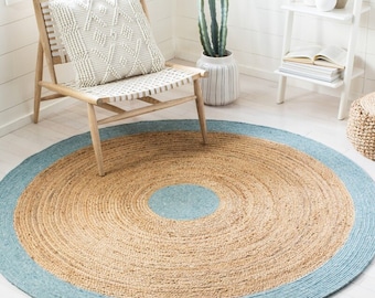 Handmade Round Jute Rug: Sky Blue Border, Custom Size