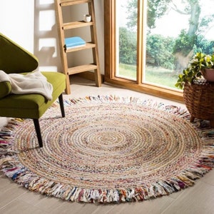 Hand braided Chindi Cotton Scalloped Runners Area Rug, Handmade Jute Cotton round rug, Bohemian Eco Rugs, meditation mat, home decor  rug