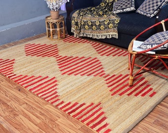 Handmade red and Natural Hemp Jute Rungs-Extra Large Jute Rugs red Jute Rugs- checkerboard jute Rug, Large Area Hemp Rug For Hallway Rug