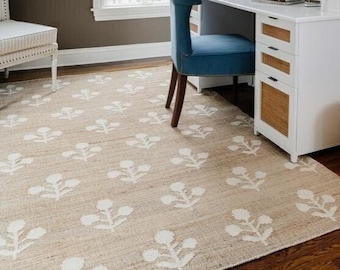 Cotton Flower White  Jute Kilim Flatweave Rug Scandivian Rug Hand Woven Boho Decor Rug Bohemian Rug Indian Dhurrie Rug Custom Rug