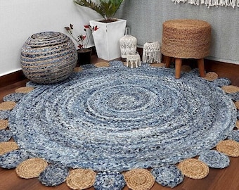 Hand Braided denim Chindi Cotton Rug: Multicolor Bohemian Cotton braided round chindi circle rugs for home decor and dining room decor