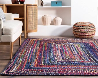 Braided Cotton Jute Rug | Handmade Rainbow Chindi Dhurrei for Living Room | Boho Area Multicolour Indian Cotton Rug | Valentine Home Decor