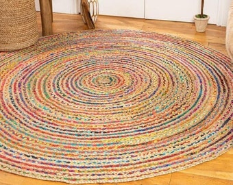 Round chindi rugs - Hand Woven Colorful Cotton Bohemian Chindi Area Rug, multi color Decor Home  Rugs, cotton area rugs, Round jute Rug.