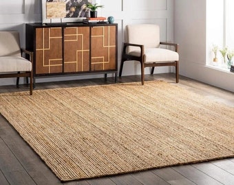 Handwoven Jute Rug Bohemian Braided Area Rug,  Jute Rug Braided Large Rug Boho Décor Rug, Jute Area Rug, Square Jute rug Custom Size Rug