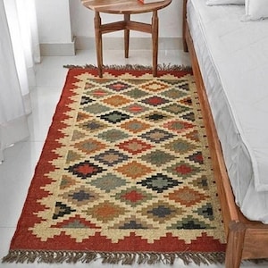 Handwoven Kilim Wool Jute Area Rug, bed room rug Turkish Kilim Rug, indoor outdoor rug, Indian Dhurrie Rug, Navajo Kilim Rug, Custom Rug