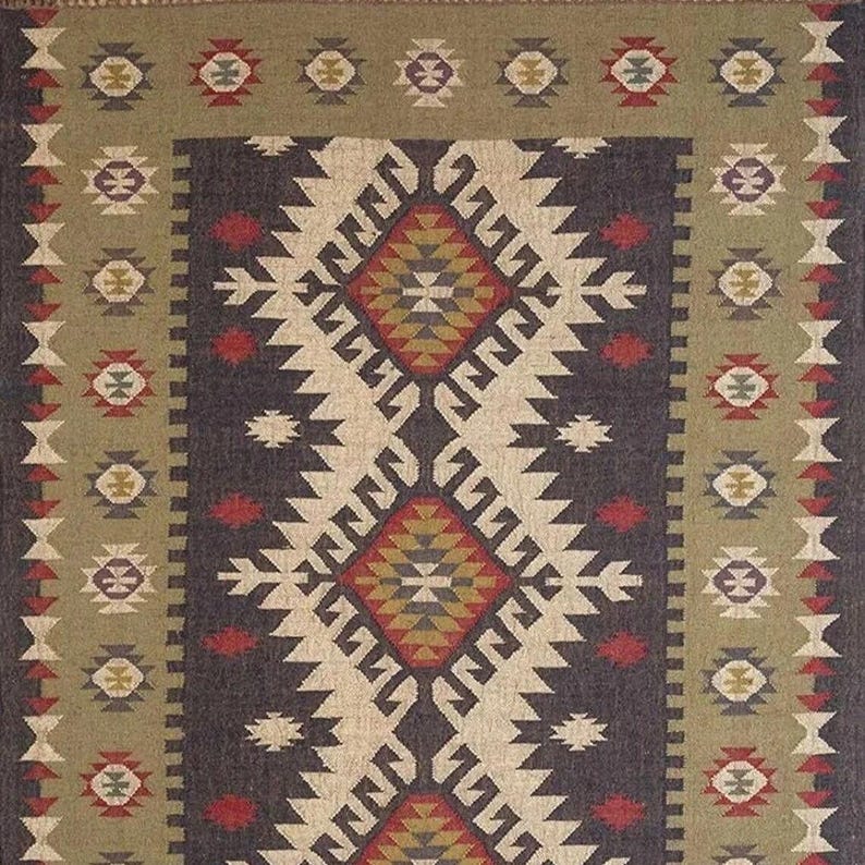 Alfombra Kilim de yute y lana tejida a mano, estilo bohemio, para pasillo, sala de estar, cálida alfombra india hecha a mano para invierno. imagen 3
