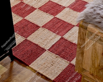 Handmade red and Natural Hemp Jute Rungs-Extra Large Jute Rugs red Jute Rugs- checkerboard jute Rug, Large Area Hemp Rug For Hallway Rug