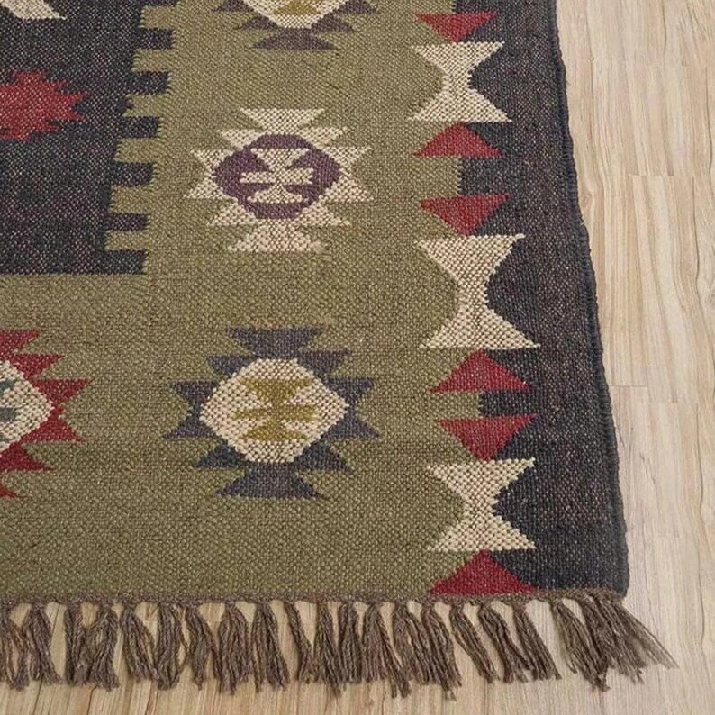 Alfombra Kilim de yute y lana tejida a mano, estilo bohemio, para pasillo, sala de estar, cálida alfombra india hecha a mano para invierno. imagen 4