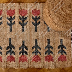 Beige mit Roten Blumen Baumwollteppich: Jute und Baumwollteppich, Handgewebter Geometrischer Jute Kelim Teppich - Moderner Flachgewebe Teppich