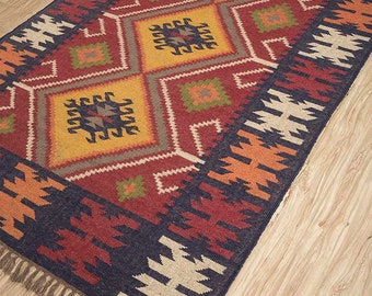 Alfombra Kilim de yute de lana tejida a mano, tejida a mano, alfombra de lana y yute hecha a mano, alfombra Kilim Dhurrie, ALFOMBRAS DE YUTE tradicionales indias/LANA