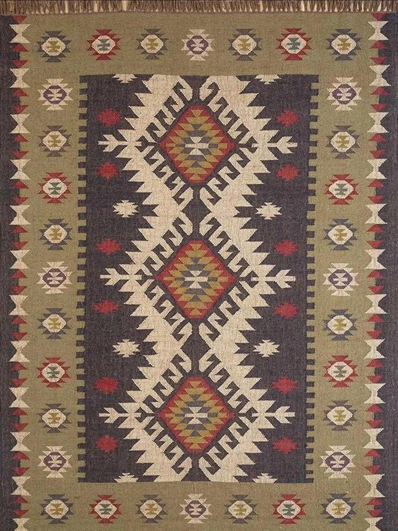 Alfombra Kilim de yute y lana tejida a mano, estilo bohemio, para pasillo, sala de estar, cálida alfombra india hecha a mano para invierno. imagen 8
