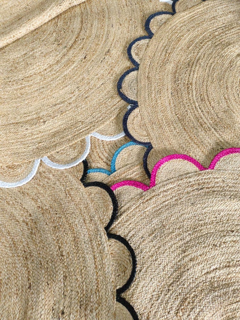 Black and Natural Round Jute Rug, Dining Table Scallop Jute Rug, Custom