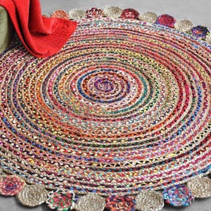 Hand braided Chindi Cotton Scalloped Runners Area Rug, Handmade Jute Cotton round rug, Bohemian Eco Rugs, meditation mat, home decor  rug