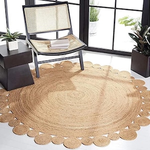 5x5, 6x6, 7x7 Feet  Natural Fiber Scalloped Round Rug Hand Braided Jute Area Rug Bohemian Rug  Eco Friendly Rug  Custom Large Size Rug