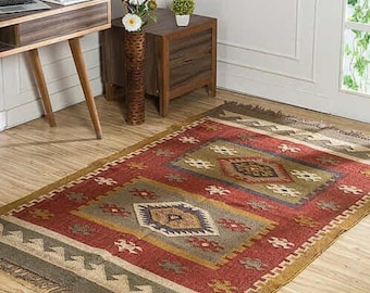 Kilim Rug Handwoven Wool & Jute Dhurrie, Traditional Indian Area Rug, Durable Handmade Floor Decor, Boho Bohemian Accent Carpet