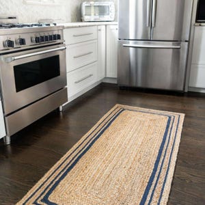 Hand Braided Natural Jute Rug, Blue  Border natural jute Runner rug For Home, Living Room Decor rug, Custom Size Jute Rug.