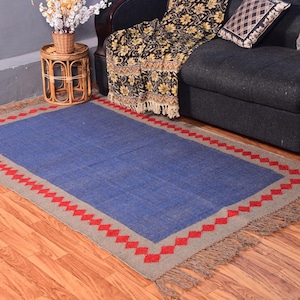 Handwoven kilim jute rug, wool jute Runner, blue and red rug Turkish rugs, boho decor rug, natural jute rug, traditional rug