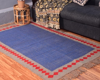 Handwoven Kilim Jute Rug: Blue & Red Turkish Boho Runner