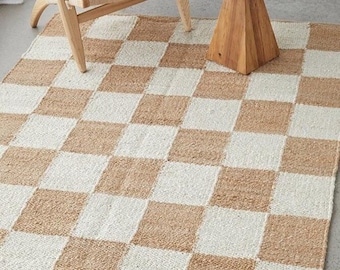 Alfombra de yute de cáñamo natural hecha a mano, diseño geométrico ecológico, decoración estilo granja bohemia, tamaño personalizado disponible, alfombra tejida, alfombra texturizada