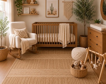 May include: A nursery room featuring a wooden crib, a cream-colored rocking chair with a patterned pillow, a wooden dresser with a changing pad, a woven rug, a macrame wall hanging, a cactus print, and a wooden baby gym with hanging toys.