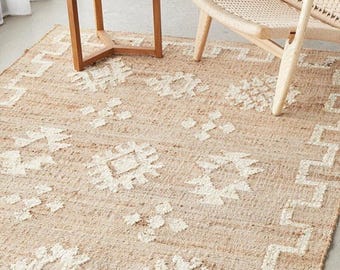 Handwoven Jute Rug with White Flower: Boho Bohemian Decor ,Handwoven Jute Rug 8x10, Reversible Cotton Carpet