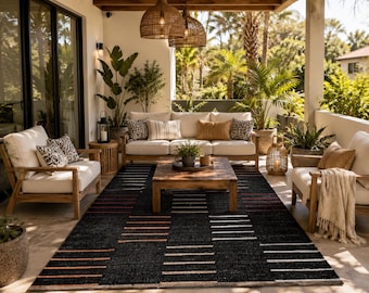 Custom Size Natural Jute Hemp Area Rug with Black Stripes Bohemian Rug Home Decor Rug Custom Size Rug Handmade Rug Natural Fiber Rug