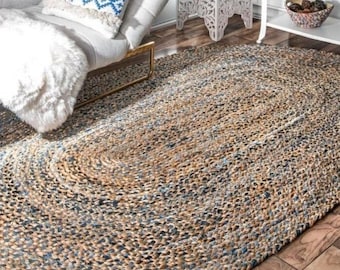 Alfombra de yute y chindi de mezclilla trenzada a mano: alfombra ovalada de yute y chindi natural de tamaño personalizado, alfombra redonda para sala de estar, alfombra ovalada para entrada.