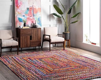 Handmade Braided Jute Rug 9x12 Ft Colorful Chindi Cotton Rag Rug Boho Home Decor - Bohemian Braided Runner - Eco-Friendly Rug