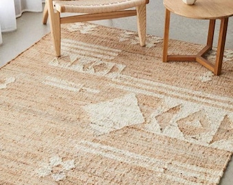 Handwoven Cotton Jute Rug: Natural Fiber Area Rug for Living Room & Bedroom, Cotton decorative runner, Natural Jute Eco-Friendly Cotton rug