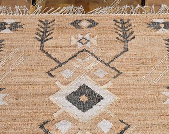 Geometrical Jute Rug |Handwoven Cotton Jute Rug: Natural Fiber Bohemian Jute Rugs, Beige & Black Box Cotton Dhurrie , Rugs For Bedroom