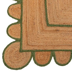 Emerald Green Scalloped Jute Rug Hand Braided Natural Jute Rug with Brown and Green Scallop Design Bohemian Rug Area Rug Jute Runner