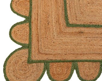 Emerald Green Scalloped Jute Rug: Hand Braided Bohemian Runner