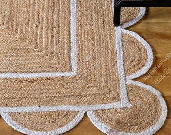 Scalloped Edge Jute Rug: Natural Fiber Handwoven Area Rug, Hand-Braided Jute Rug, Custom Size Area Rug