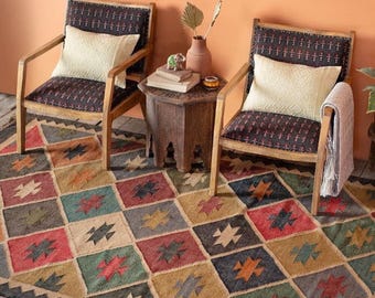 Wollen jute kelimtapijt, handgeweven platgeweven boho-tapijt, natuurlijk tapijt, boerderij woonkamerinrichting, boho kelimtapijt, kelim Dhurrie Ru