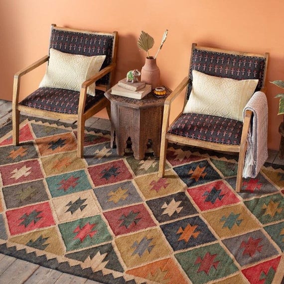 Wool Jute Kilim Rug, Handwoven Flatweave Boho Rug, Natural Area Rug, Farmhouse Living Room Décor, Bohemian kilim Rug, Kilim Dhurrie Ru