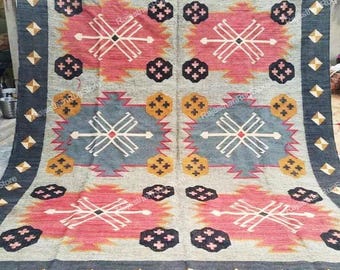Kilim Rug, Handwoven, Wool and Jute Rug Handmade, Kilim Dhurrie Rug, Traditional Indian jute Area rug Indian Dhurrie Rug, Navajo Kilim Rug,