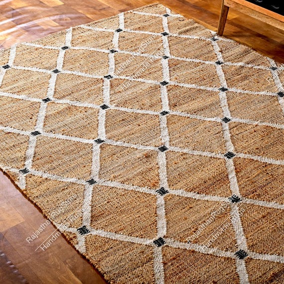9X12,8x10Ft Jute Rug Ivory diamond Natural Jute High Quality Hand Woven best Quality Boho Style Rug Moroccan Nordic Rug Bohemian Decor Rug