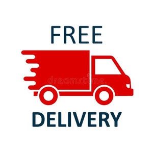 K&ouml;nnte beinhalten: Rotes Lieferwagen-Symbol mit den W&ouml;rtern "FREE" und "DELIVERY" in dunkelblauem Text. Der LKW hat eine wei&szlig;e Umrandung und einen stilisierten Geschwindigkeitseffekt.