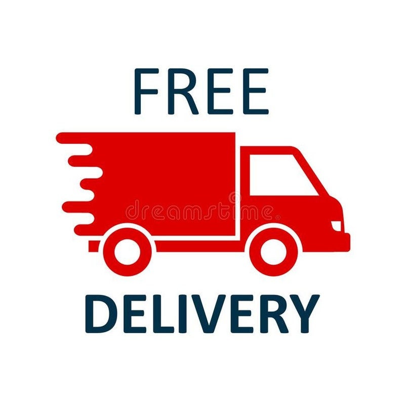 K&ouml;nnte beinhalten: Rotes Lieferwagen-Symbol mit den W&ouml;rtern "FREE" und "DELIVERY" in dunkelblauem Text. Der LKW hat eine wei&szlig;e Umrandung und einen stilisierten Geschwindigkeitseffekt.