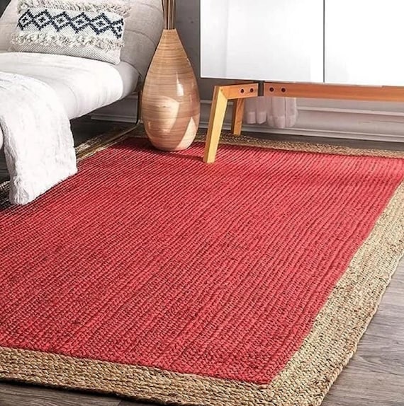 Red Handmade Jute Rug, Jute Braided Rug, Natural Rug, Bohemian Rug, Jute Area Rug, Jute Woven Rug , Large Area Rug, Eco Friendly Rug