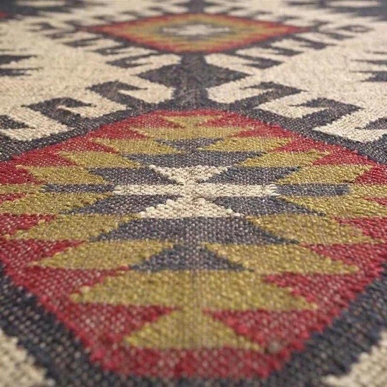 Alfombra Kilim de yute y lana tejida a mano, estilo bohemio, para pasillo, sala de estar, cálida alfombra india hecha a mano para invierno. imagen 7