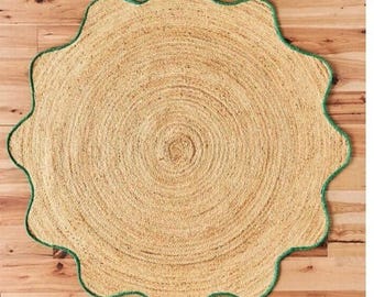 Tappeto rotondo in juta: tappeto rotondo in juta naturale fatto a mano con bordo smerlato intrecciato, ideale per l'arredamento in stile boho rustico.
