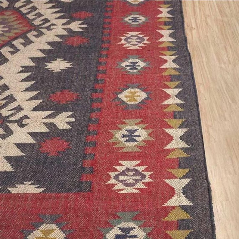 Alfombra Kilim de yute y lana tejida a mano, estilo bohemio, para pasillo, sala de estar, cálida alfombra india hecha a mano para invierno. imagen 10