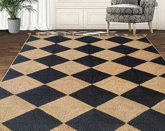 Handmade black With Natural diamond  Jute Rungs-Extra Large Jute Rugs Jute Rugs-Stripes jute Rug, Large Area Hemp Rug For Hallway Rug