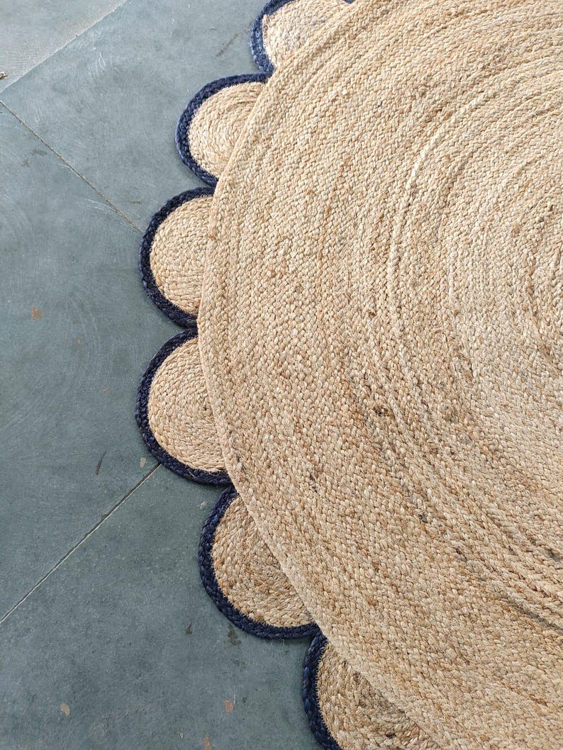 Black and Natural Round Jute Rug, Dining Table Scallop Jute Rug, Custom