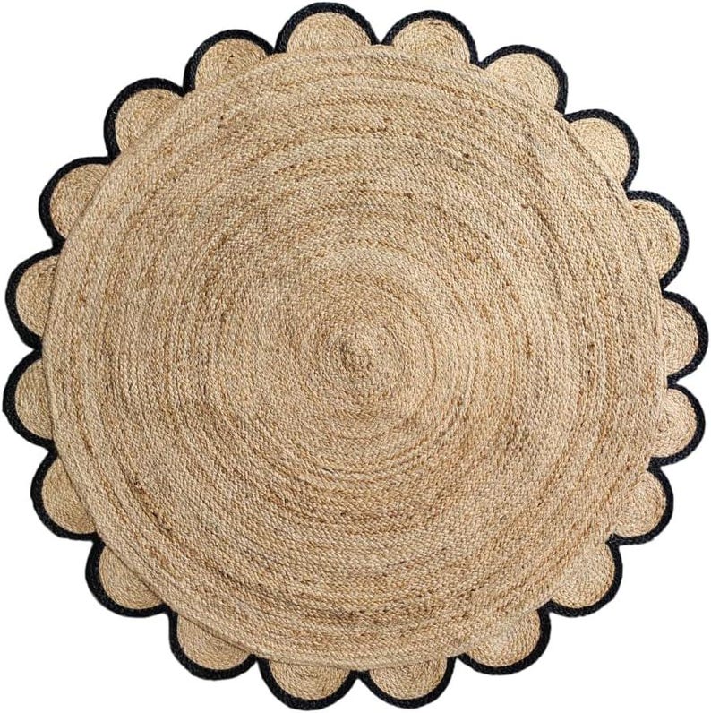 Black and Natural Round Jute Rug, Dining Table Scallop Jute Rug, Custom