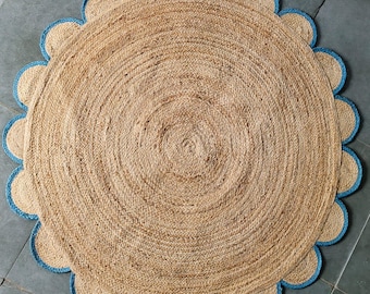 Tapete redondo com borda ondulada, Tapete redondo de juta com borda ondulada, Tapete redondo de juta, Tapete com borda ondulada natural, Tapete circular com borda ondulada, Capacho redondo, Tapete de cozinha com borda ondulada