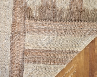 Handwoven hemp Jute Area Rug – Eco-Friendly Boho Farmhouse Style, Handmade White Jute Area Rug, Natural Hemp Stripes